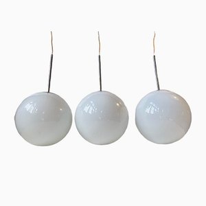 Scandinavian Modern Ball Pendant Lights in Opaline Glass & Chrome, Set of 3
