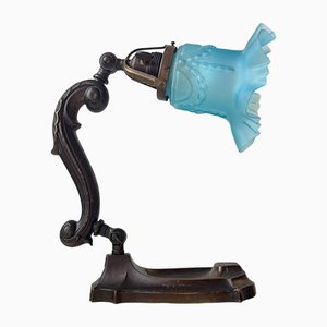 Art Nouveau Piano or Table Lamp in Bronze and Blue Glass, 1920s