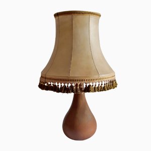 Pear-Shaped Brown Ceramic Table Lamp with Segmented Shade with Beige Leather Covering and Green Fringes, 1970s