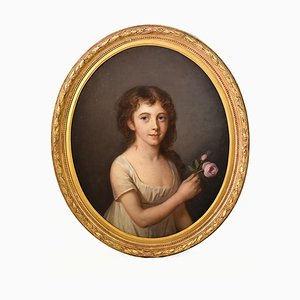 Portrait of a Woman with Rose, 19th-Century, Oil on Canvas, Framed