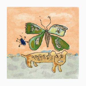 Tonino Guerra, Il cagnone ha paura della farfalla verde che arriva in compagnia dell’insetto blù, Etching and Aquatint