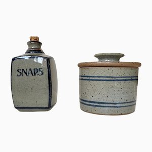 Frasco y jarra con tapa de gres esmaltado de Knabstrup, años 70. Juego de 2