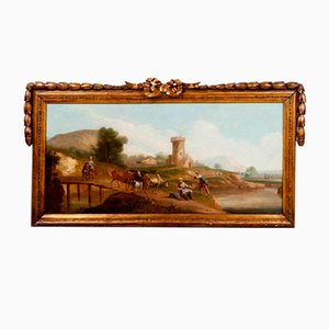 Landscape with Peasants by a River, Late 18th-Century, Oil on Canvas, Framed