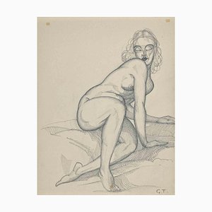 Georges-Henri Tribout, desnudo reclinado, dibujo a lápiz original, años 50