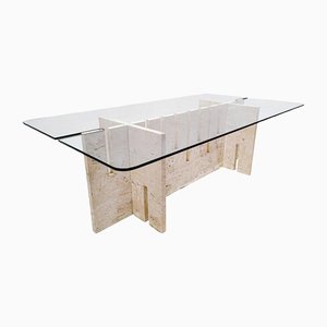 Mid-Century Modern Italian Travertine and Glass Dining Table, 1970s