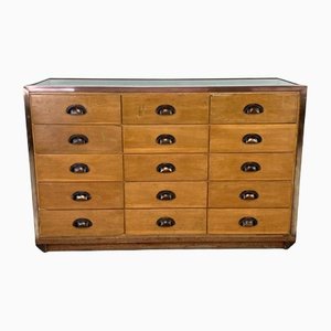 Vintage Oak and Brass 15-Drawer Shop Counter, 1930s