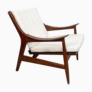 North European Solid Wood and White Cotton Armchair, 1960s