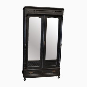 Large Antique French Ebonised Mirrored Armoire