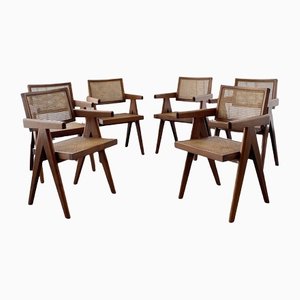 Set of 6 Office Cane Chairs, Pierre Jeanneret Style.