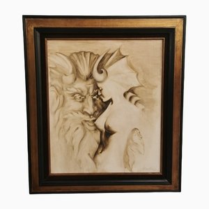 Dipinto figurativo di uomo e donna, olio su tela, con cornice