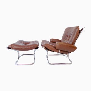 Leather Wing Chair & Ottoman by Harald Relling for Westnofa, Set of 2