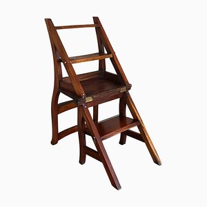 Vintage French Country Carved Oak Metamorphic Folding Chair Step Ladder