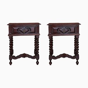 20th Century Solid Carved French Nightstands With Solomonic Column, Set of 2