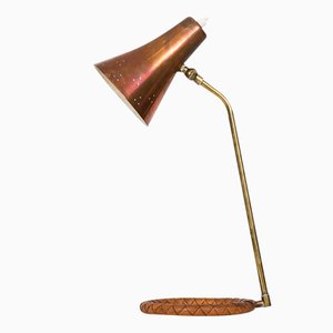 Scandinavian Copper, Brass & Leather Table Lamp, 1950s