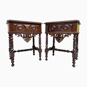 20th Century Solid Carved French Nightstands With Turned Columns & One Drawer, Set of 2