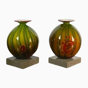 Hand-Blown Murano Glass Vases on a Marble Stand, 1970s , Set of 2