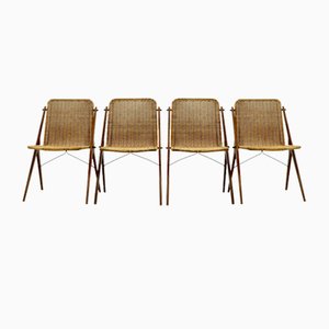 Sculptural Teak & Rattan Dining Chairs, 1950s, Set of 4