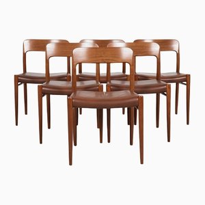 Mid-Century Danish Model 75 Chairs in Teak and Original Aniline Leather by Niels Otto Møller, Set of 6