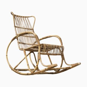 French Rattan Rocking Chair with Hoop Arms, 1950s