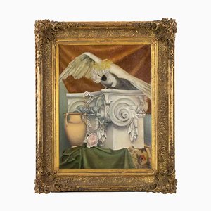 Alegoría con loro, capitel, ánfora y cortinas, finales del siglo XIX, óleo sobre lienzo