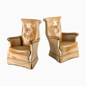 French Tan Leather Armchairs, Set of 2