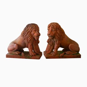 English Terracotta Lions, 1800s, Set of 2