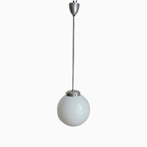Industrial Bauhaus Opal Glass and Metal Sphere Pendant Light