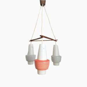 Mid-Century Pendant Light with Opaline Glass Cylinders and Wooden Triangle, 1960s