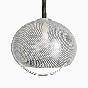 Mid-Century Modern Italian Transparent Pendant Light with Stripes and Chrome Arch from Guzzini / Meblo, 1960s