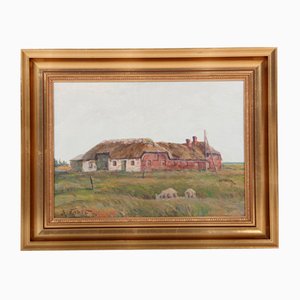 Sergius Frost, Painting of a Danish Farmhouse, 1950s, Oil on Canvas, Framed