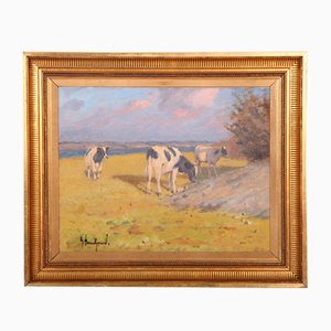 Gunnar Bundgaard, Grazing Cattle by the Fjord, 20th-Century, Oil on Canvas, Framed