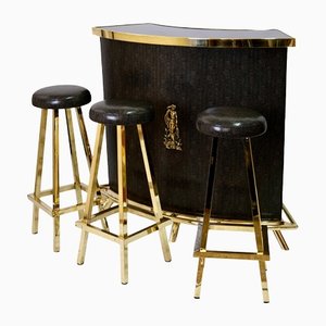 Art Deco Bar Set with Counter and Stools in Brass and Covered in Snake Look, 1950s, Set of 4