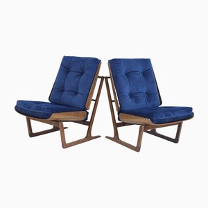 Lounge Chairs in Walnut with Blue Velvet Covers by Hans Juergens for Deco House, Set of 2