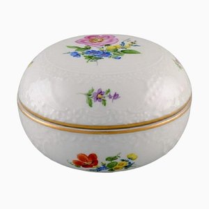 Antique Porcelain Lidded Bowl with Hand-Painted Flowers and Gold Edge from Meissen