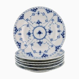 Royal Copenhagen Blue Fluted Full Lace Plates Model Number 1/1085, Set of 6