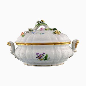 Soupière à Couvercle en Porcelaine de Meissen avec Fleurs Peintes à la Main et Bordure Dorée