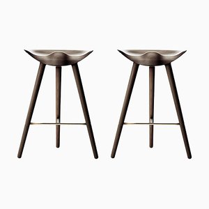 Brown Oak and Brass Counter Stools from By Lassen, Set of 2