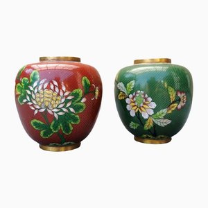 Vases Cloisonnés Vintage avec Motif Floral Asiatique, 1950, Set de 2