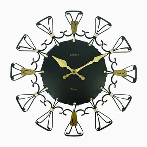 Horloge Murale Elomatic Sunburst Mid-Century en Métal Noir et Laiton, 1960s