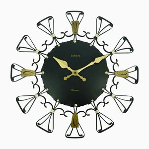 Mid-Century European Elomatic Sunburst Wall Clock in Black Metal & Brass, 1960s