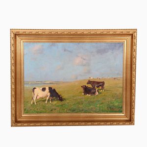 Gunnar Bundgaard, Motif of Cows on the Grass, Denmark, Oil on Canvas, Framed