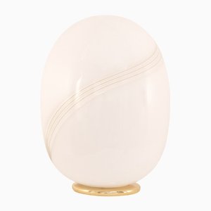 Lámpara de mesa vintage grande en forma de huevo de cristal de Murano blanco con filigrana en espiral ámbar