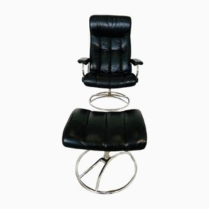 Norwegischer Vintage Ekornes Stressless Sessel & Fußhocker aus Schwarzem Leder, 2er Set
