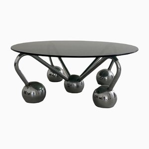 Vintage Italian Space Age Coffee Table in Chromed Metal and Smoked Glass with Sculptural Spider Legs