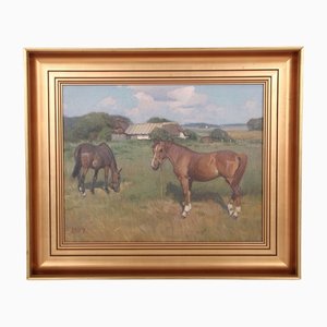 Edsberg Knud, Horses on the Farm, Dinamarca, óleo sobre lienzo, enmarcado