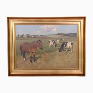 Edsberg Knud, Horse and Cows in the Field, Danemark, 1960s, Huile sur Toile, Encadrée