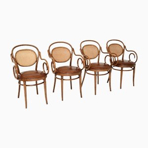 Antique Bentwood & Leather Dining Chairs by Thonet, Set of 4