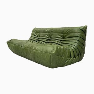 3 Seater Vintage Green Leather Togo Sofa by Michel Ducaroy for Ligne Roset, 1970s
