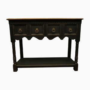 Antique Console Side Table in Black Painted Oak with Drawers and Natural Oak Top