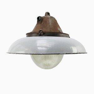 Vintage Industrial White Grey Enamel & Cast Iron Pendant Lamp from Holophane